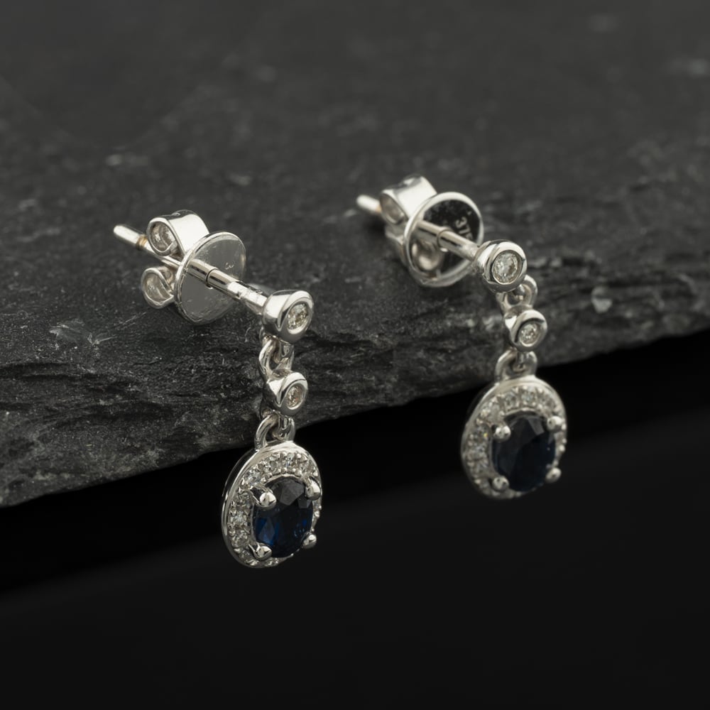 Pre-Owned 9ct White Gold Sapphire &amp; Diamond Cluster Dropper Earrings 43171507