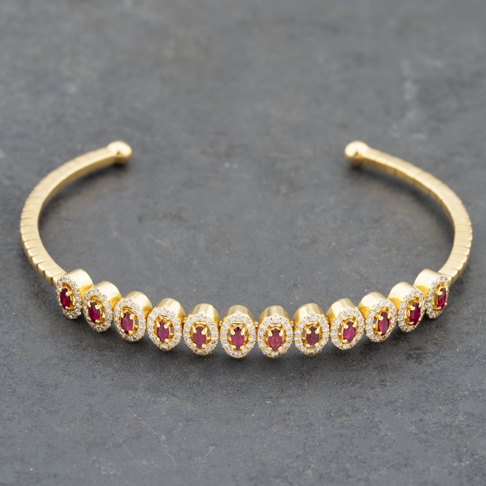 Pre-Owned 18ct Yellow Gold Ruby & 0.90ct Diamond Flexible Multi Cluster Medium Torque Bangle 43211015