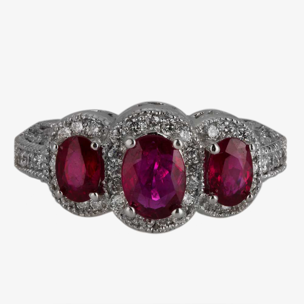 Pre-Owned 18ct White Gold 1.60ct Ruby & 0.55ct Diamond Triple Cluster Ring 4328034