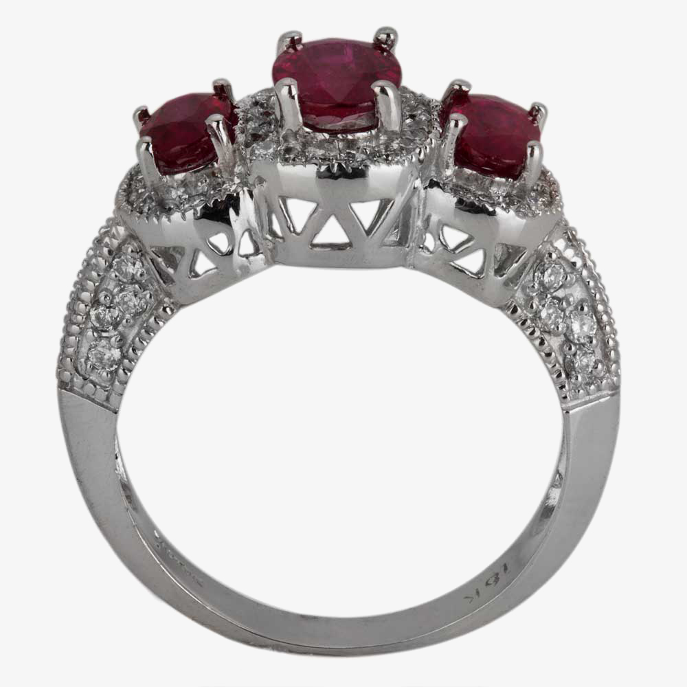 Pre-Owned 18ct White Gold 1.60ct Ruby & 0.55ct Diamond Triple Cluster Ring 4328034