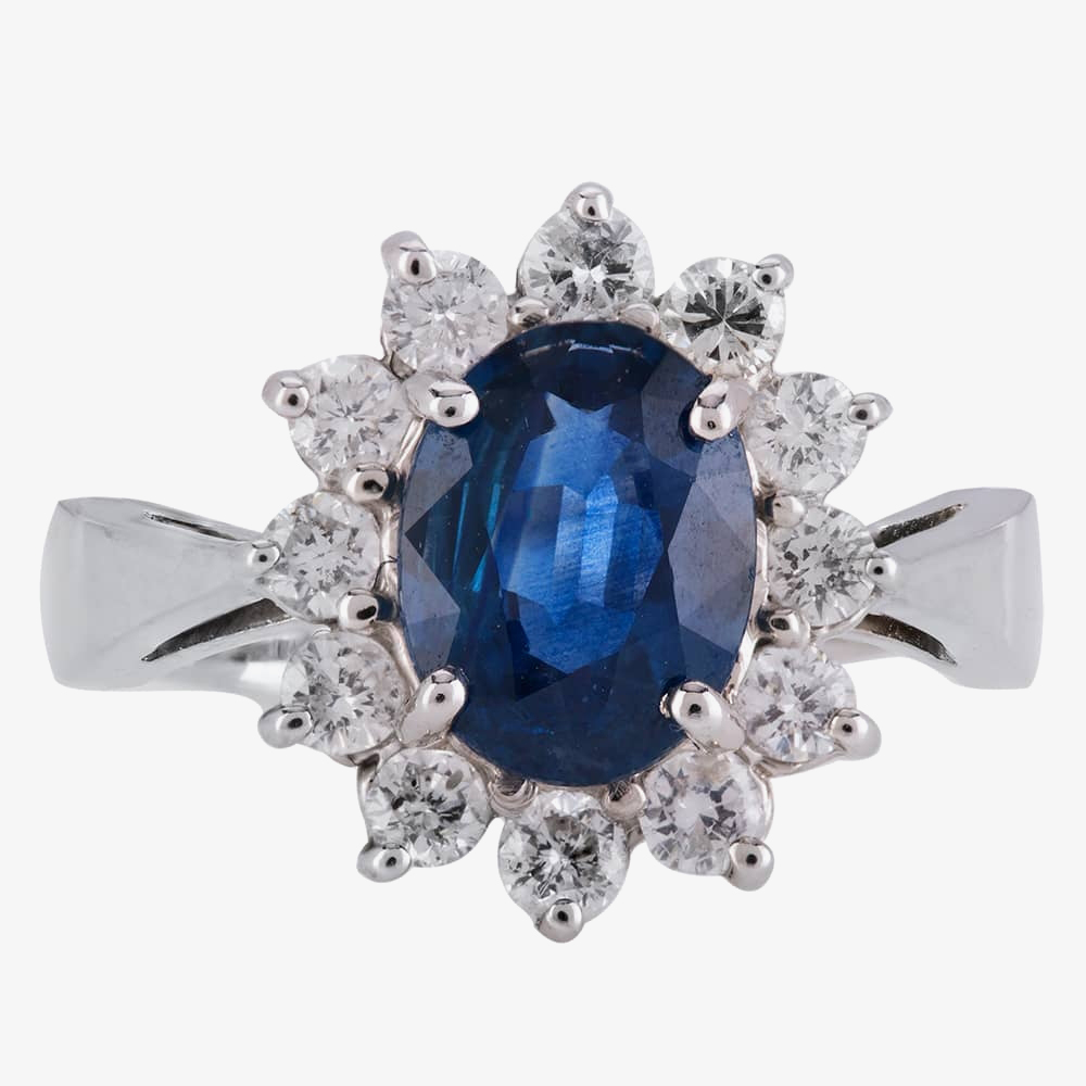 Pre-Owned 14ct White Gold 1.90ct Sapphire & 0.50ct Diamond Cluster Ring 4328396