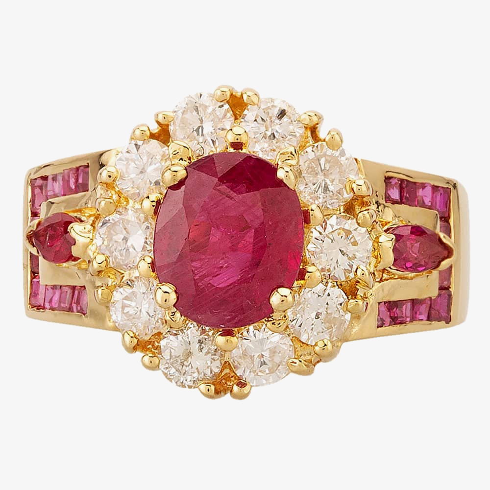 Pre-Owned 18ct Yellow Gold 1.33ct Oval Ruby & 0.80ct Diamond Cluster Ring 4328421