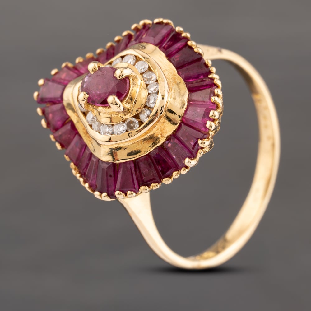 Click to view product details and reviews for Pre Owned 18ct Yellow Gold 075ct Ruby And 011ct Diamond Ballerina Cluster Ring 433502151587.