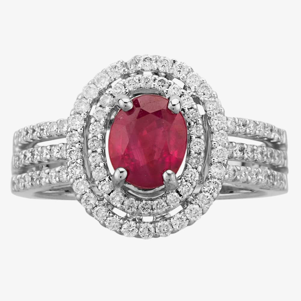 Pre-Owned 18ct White Gold 1.10ct Ruby & 0.60ct Diamond Double Halo Ring 4335036