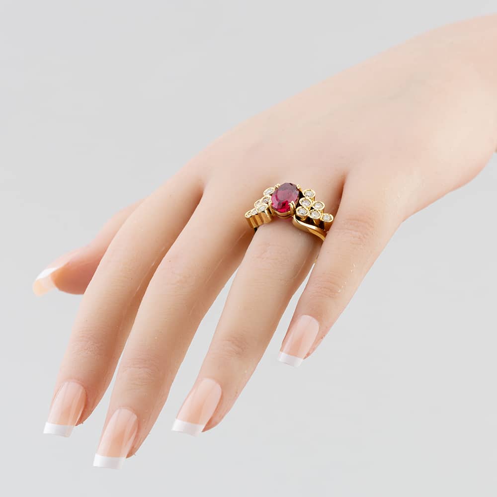 Pre-Owned 14ct Yellow Gold Certificated 3.00ct Rubellite Tourmaline & 0.70ct Brilliant Cut Diamond Oval Dress Ring 43351018