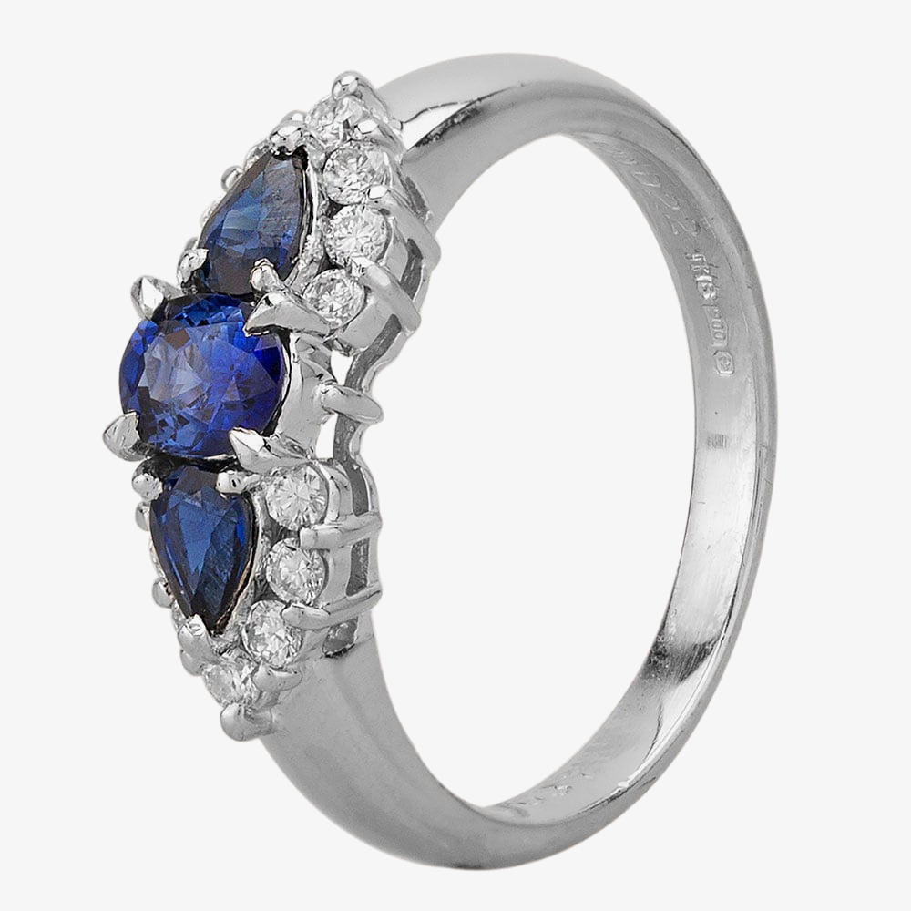 Product photograph of Pre-owned Platinum Three Stone 0 75ct Sapphire Amp 0 20ct Diamond Cluster Ring 4336054 from The Jewel Hut
