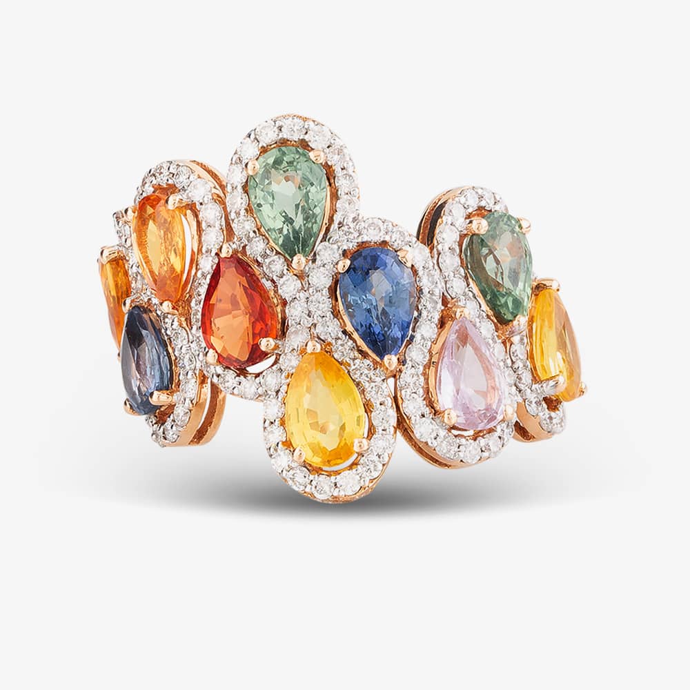 Pre-Owned 18ct Rose Gold Certificated 5.20ct Pear Cut Multi-Coloured Sapphire & 0.97ct Brilliant Cut Diamond Wave Cluster Ring 43361015
