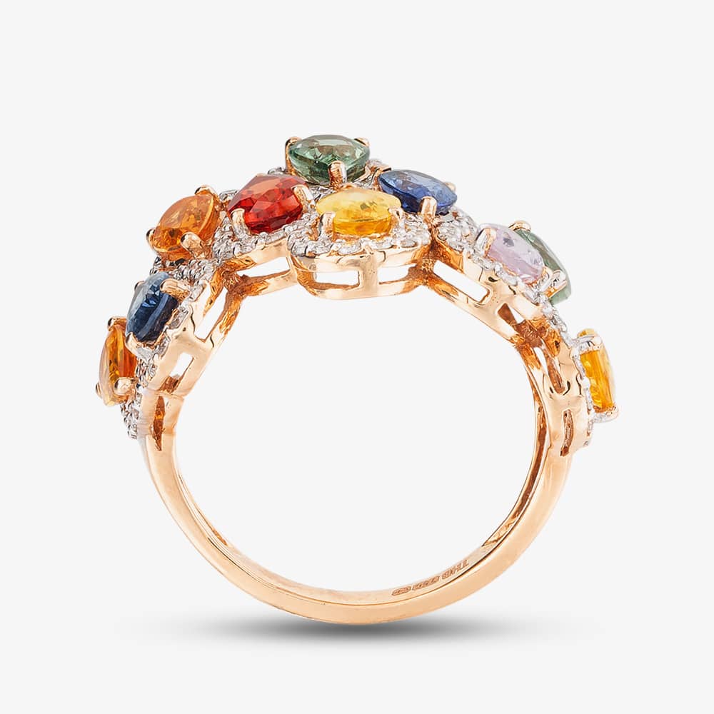 Pre-Owned 18ct Rose Gold Certificated 5.20ct Pear Cut Multi-Coloured Sapphire & 0.97ct Brilliant Cut Diamond Wave Cluster Ring 43361015