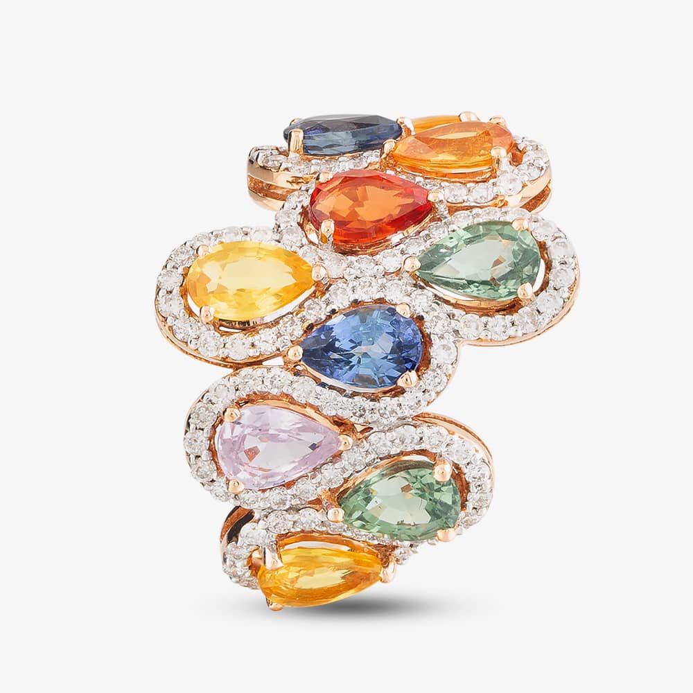 Pre-Owned 18ct Rose Gold Certificated 5.20ct Pear Cut Multi-Coloured Sapphire & 0.97ct Brilliant Cut Diamond Wave Cluster Ring 43361015