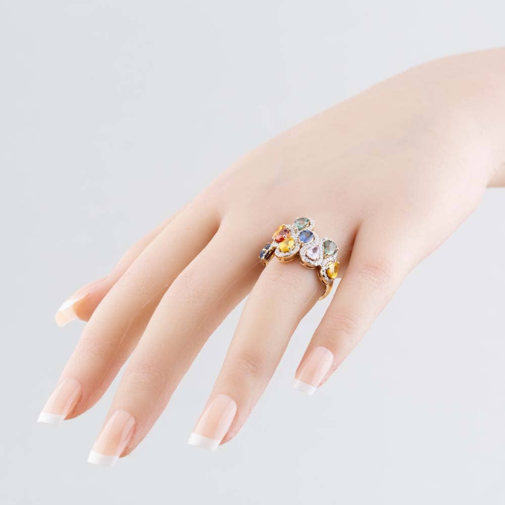 Pre-Owned 18ct Rose Gold Certificated 5.20ct Pear Cut Multi-Coloured Sapphire & 0.97ct Brilliant Cut Diamond Wave Cluster Ring 43361015