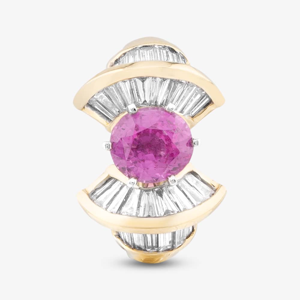 Pre-Owned 14ct Yellow Gold Pink Sapphire & 1.60ct Baguette Cut Diamond Dress Ring 43361018