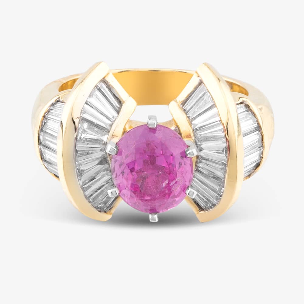 Pre-Owned 14ct Yellow Gold Pink Sapphire & 1.60ct Baguette Cut Diamond Dress Ring 43361018