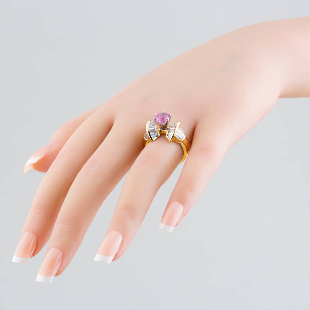 Pre-Owned 14ct Yellow Gold Pink Sapphire & 1.60ct Baguette Cut Diamond Dress Ring 43361018