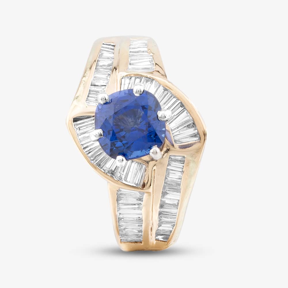 Pre-Owned 14ct Yellow Gold Sapphire & 0.80ct Baguette Cut Diamond Two Row Twist Dress Ring 43361025