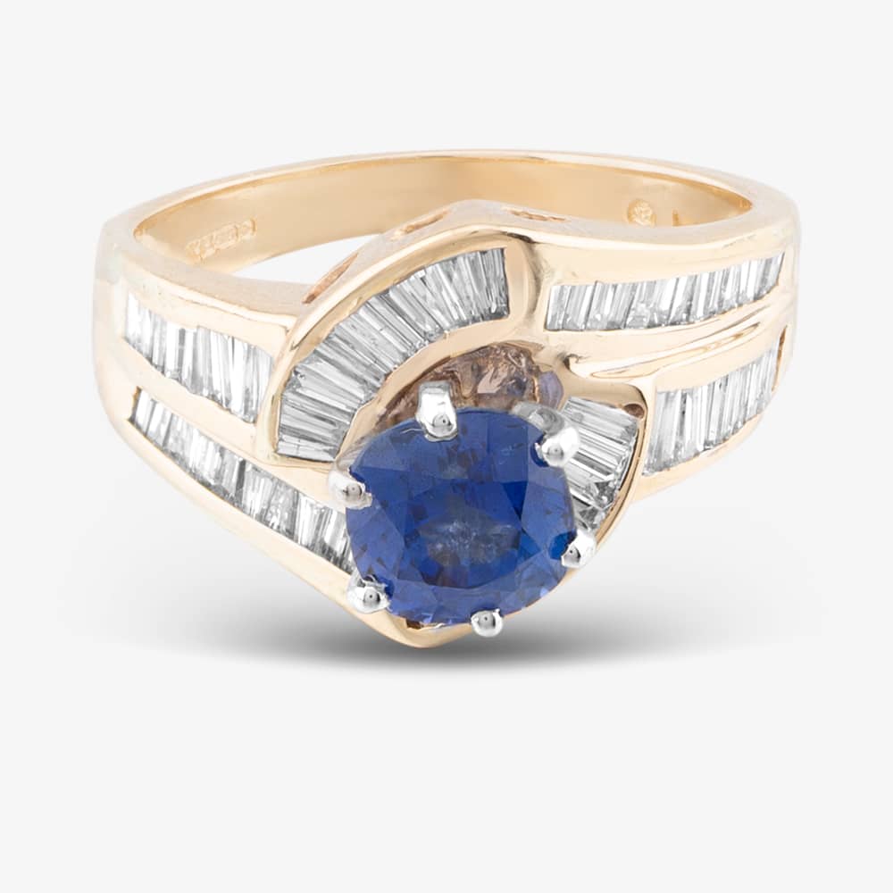 Pre-Owned 14ct Yellow Gold Sapphire & 0.80ct Baguette Cut Diamond Two Row Twist Dress Ring 43361025
