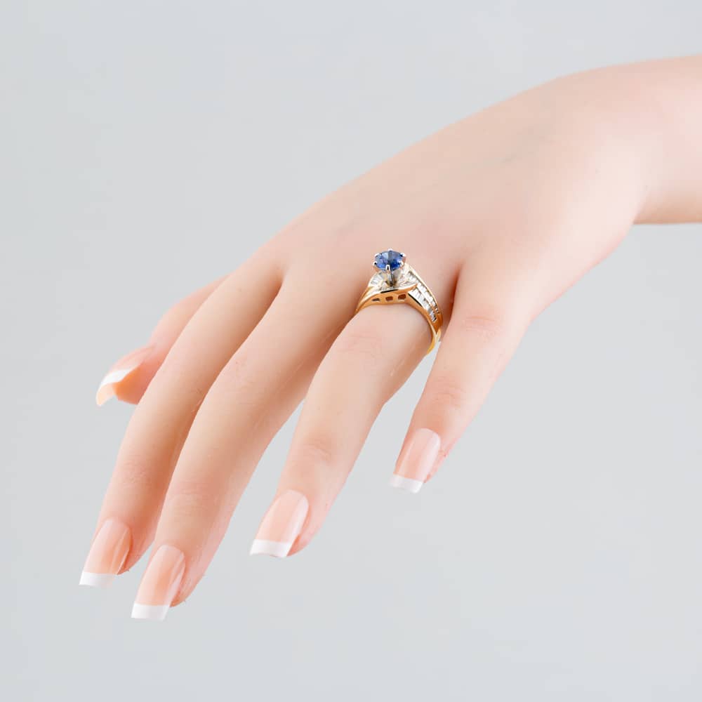 Pre-Owned 14ct Yellow Gold Sapphire & 0.80ct Baguette Cut Diamond Two Row Twist Dress Ring 43361025