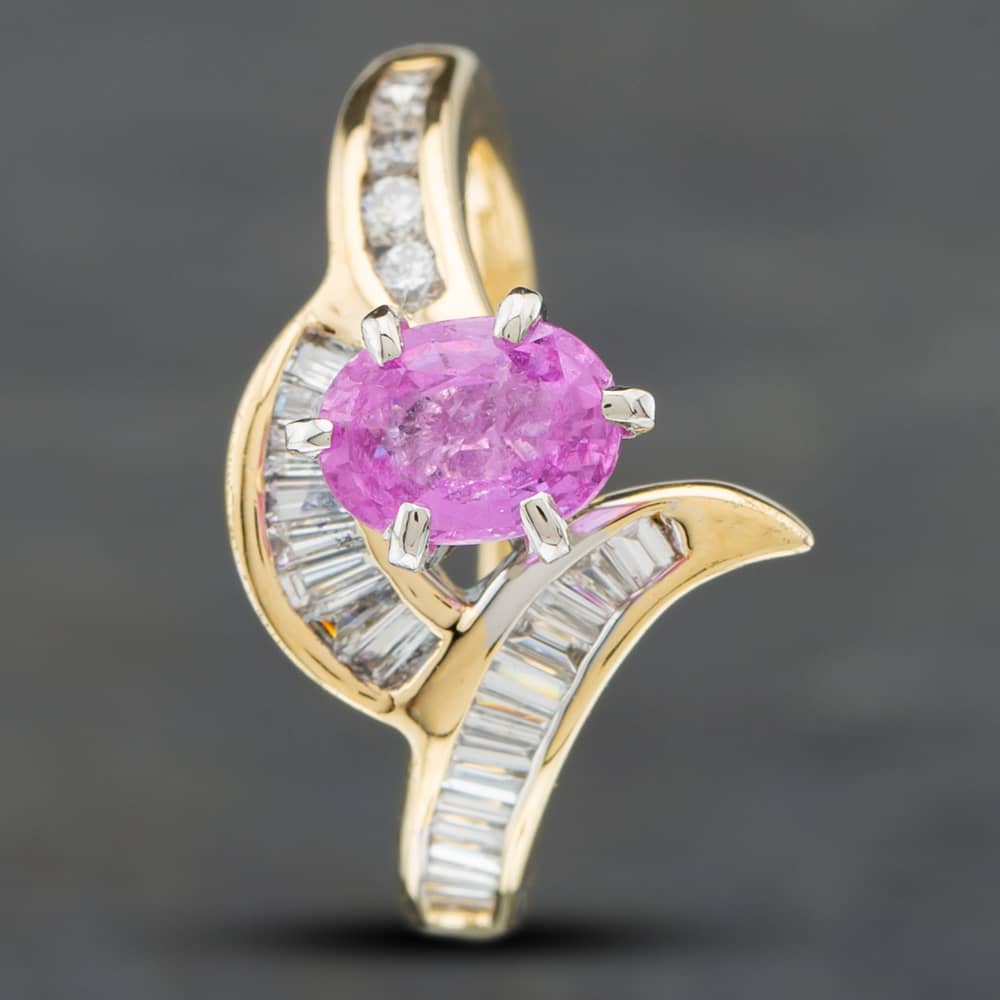 Pre-Owned 14ct Yellow Gold Oval Cut Pink Sapphire & 0.33ct Diamond Bridal Set Ring 43361033