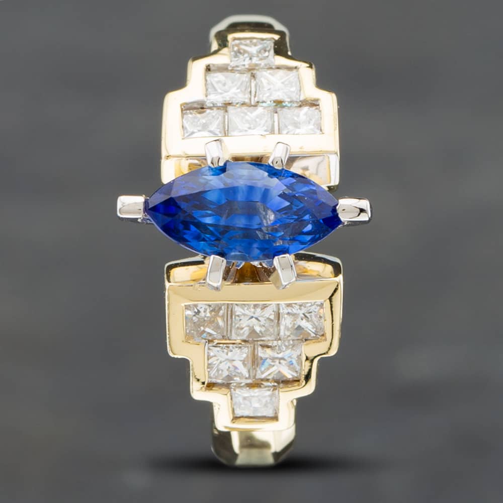 Pre-Owned 14ct Yellow Gold 1.27ct Marquise Cut Sapphire & 0.66ct Princess Cut Diamond Dress Ring 43361034