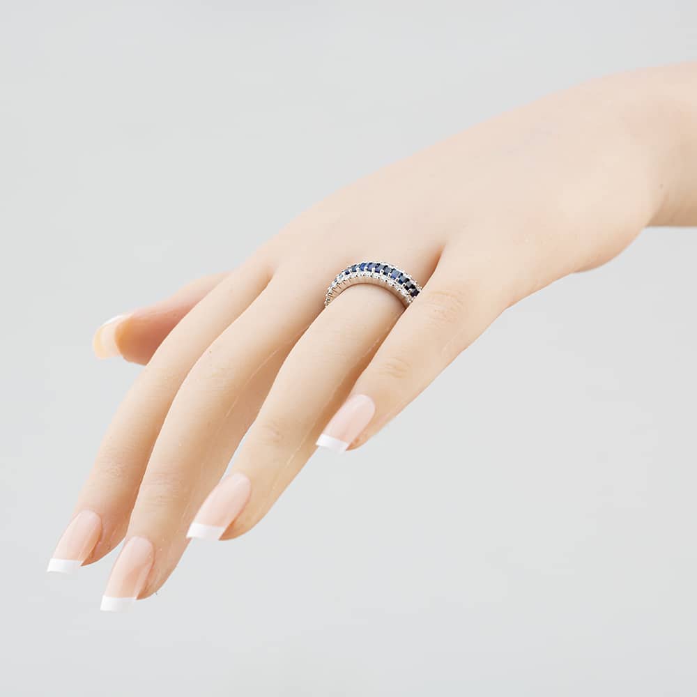 Pre-Owned 18ct White Gold Emerald Cut Sapphire & Brilliant Cut Diamond Three Row Ring 43361084
