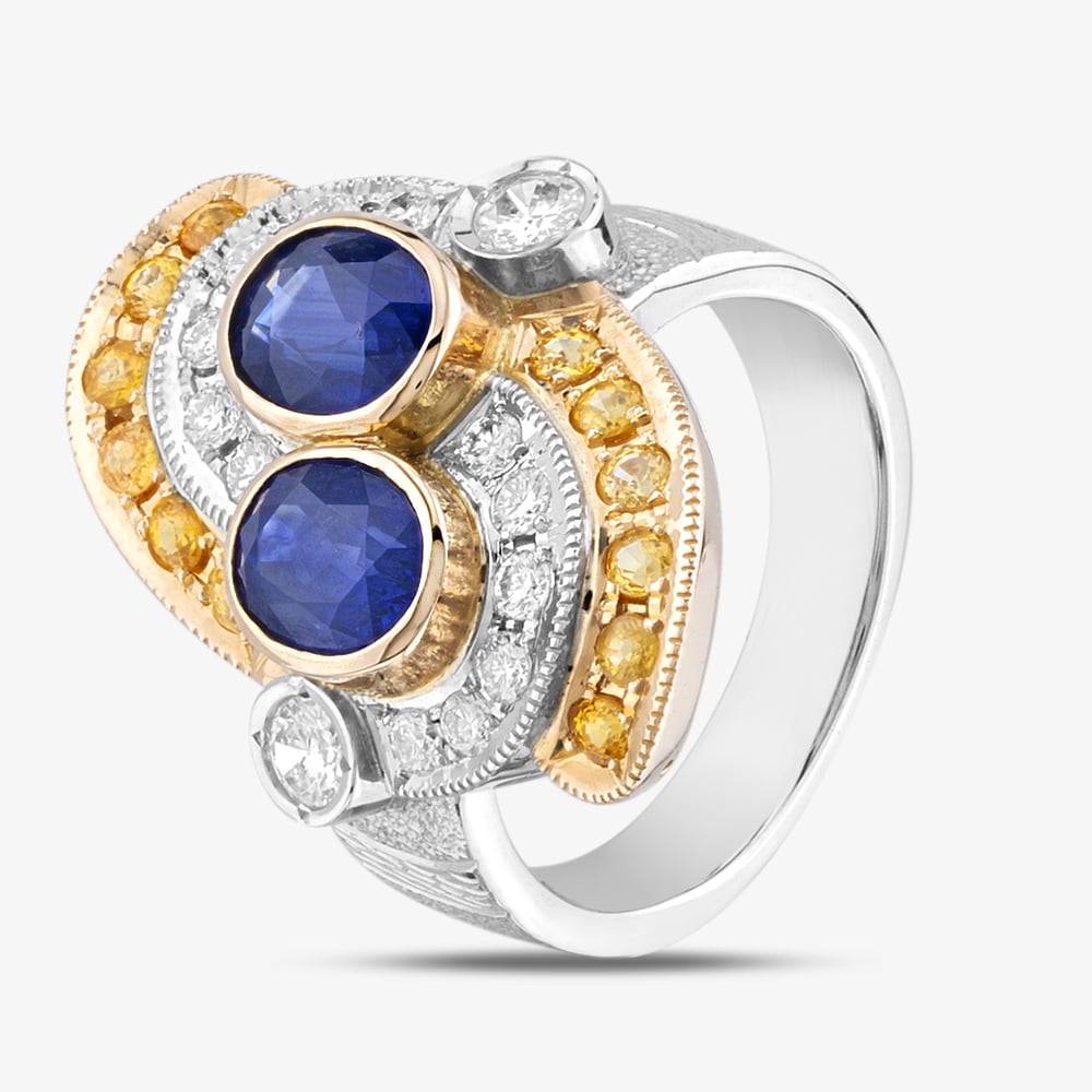 Product photograph of Pre-owned Two Colour Gold 2 32ct Sapphire Amp 1 07ct Diamond Two Stone Fancy Ring 43361131 from The Jewel Hut