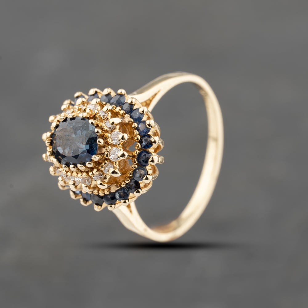 Click to view product details and reviews for Pre Owned 9ct Yellow Gold Sapphire And 016ct Diamond Oval Three Tier Cluster Ring 43361192.