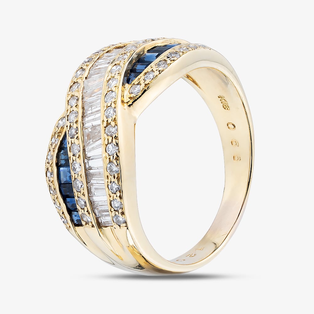 Click to view product details and reviews for Pre Owned 18ct Yellow Gold 066ct Sapphire And 120ct Diamond Multi Row Cross Over Dress Ring 43361198.