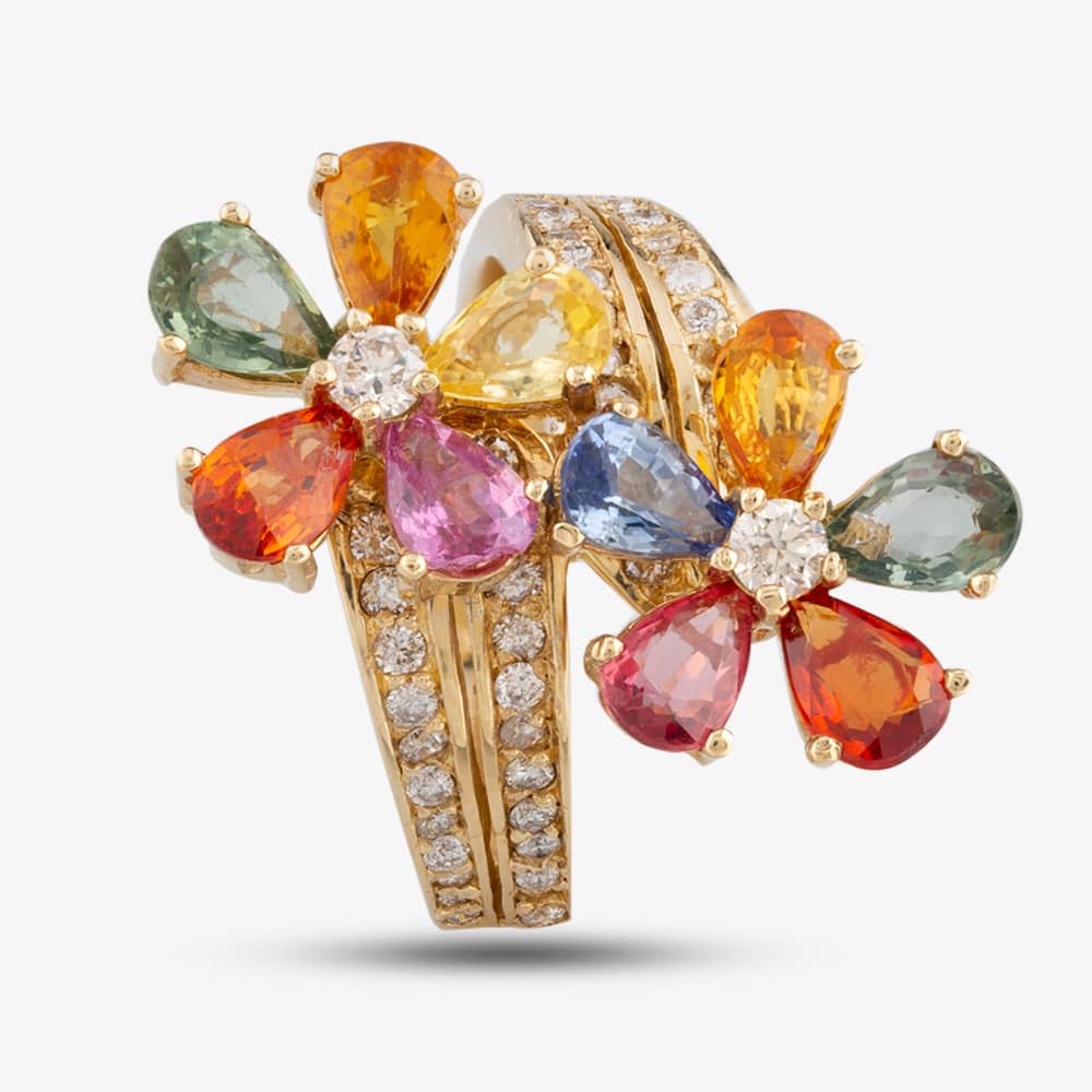 Pre-Owned 14ct Yellow Gold 4.39ct Multi Coloured Sapphire & 0.71ct Diamond Double Flower Crossover Ring 4336134