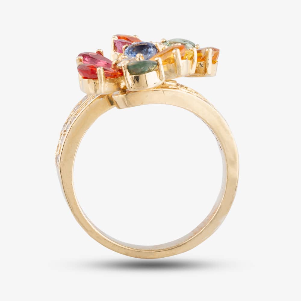 Pre-Owned 14ct Yellow Gold 4.39ct Multi Coloured Sapphire & 0.71ct Diamond Double Flower Crossover Ring 4336134