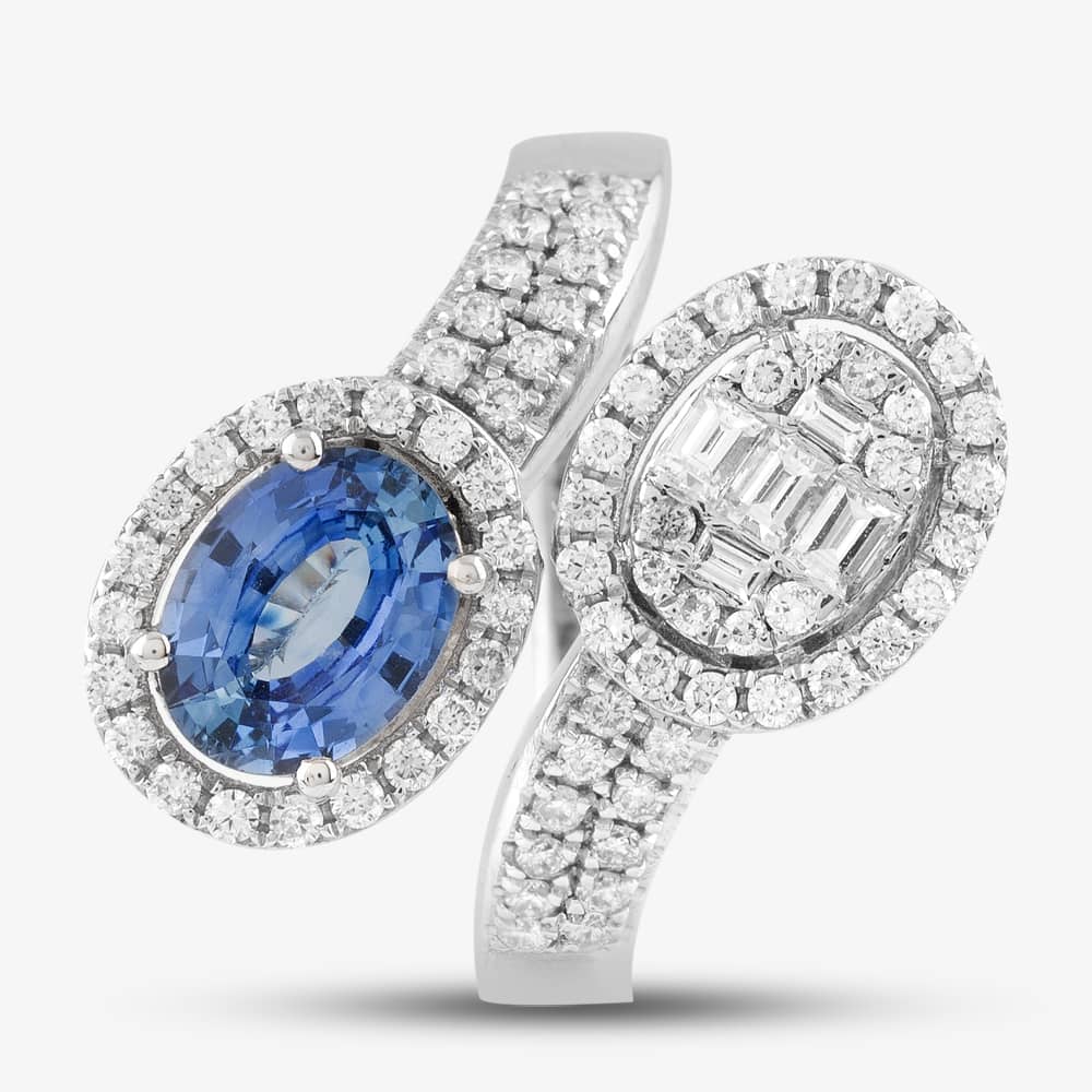 Pre-Owned 18ct White Gold 1.34ct Sapphire & 0.74ct Diamond Double Cluster Crossover Ring 4336155231