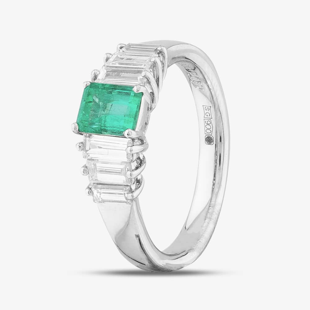 Product photograph of Pre-owned Platinum 0 57ct Emerald Amp 0 68ct Baguette Cut Diamond Dress Ring 43371018 from The Jewel Hut