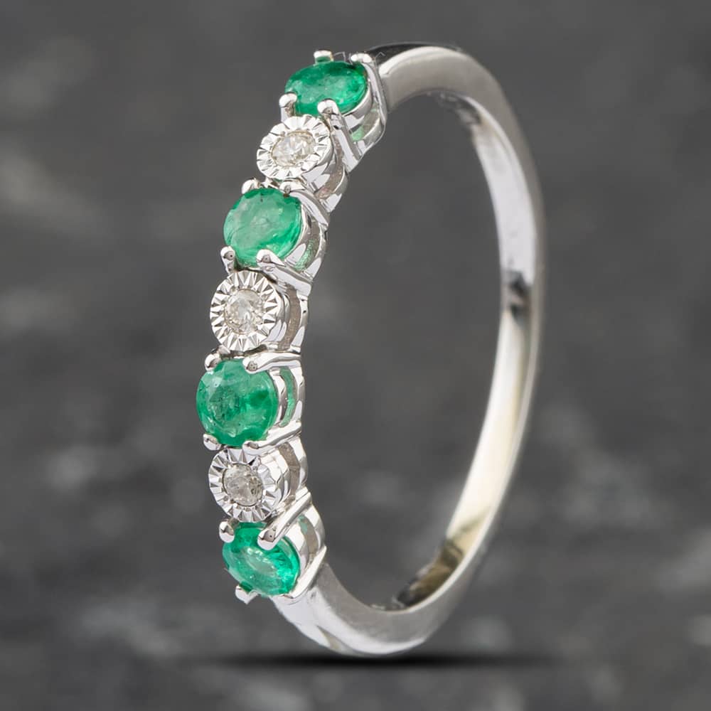 Product photograph of Pre-owned 14ct White Gold 0 48ct Emerald Amp 0 04ct Brilliant Cut Diamond Half Eternity Ring 43371019 from The Jewel Hut