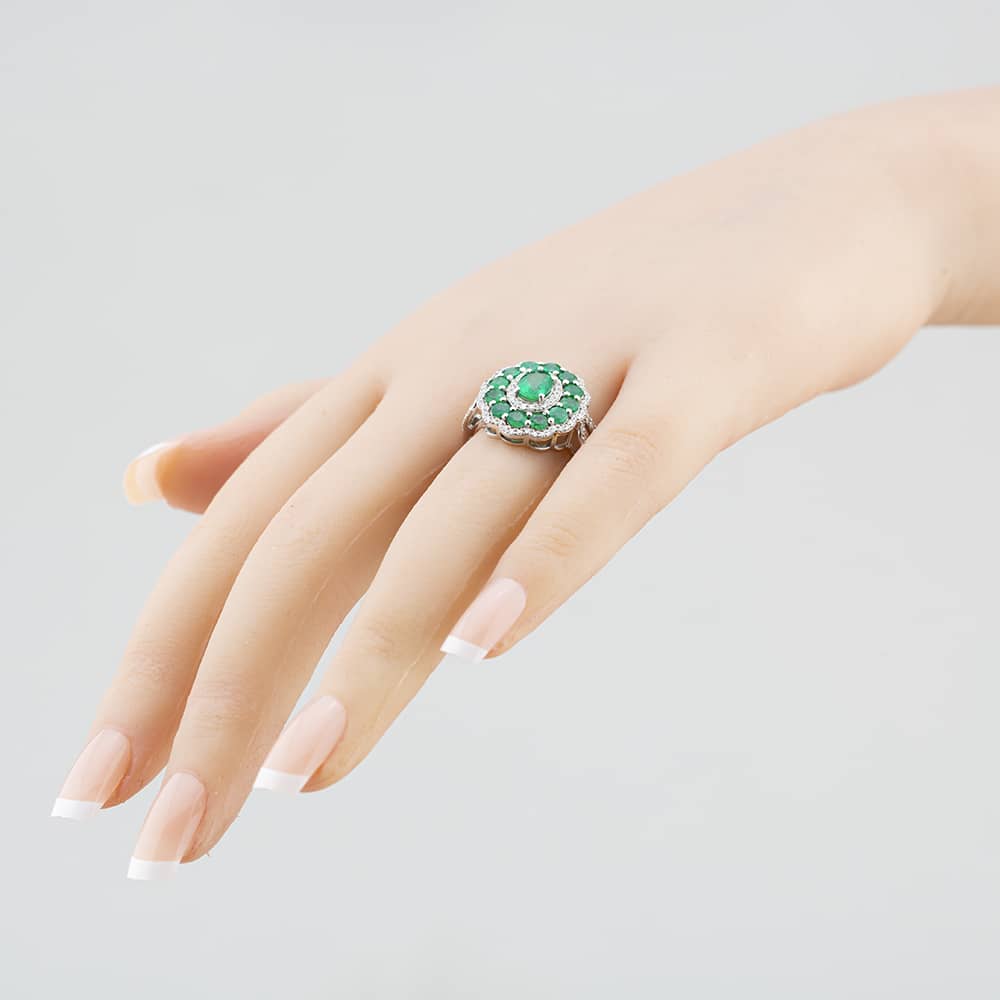 Pre-Owned 14ct White Gold Certificated 2.00ct Emerald & 0.55ct Brilliant Cut Diamond Oval Cluster Ring 43371026