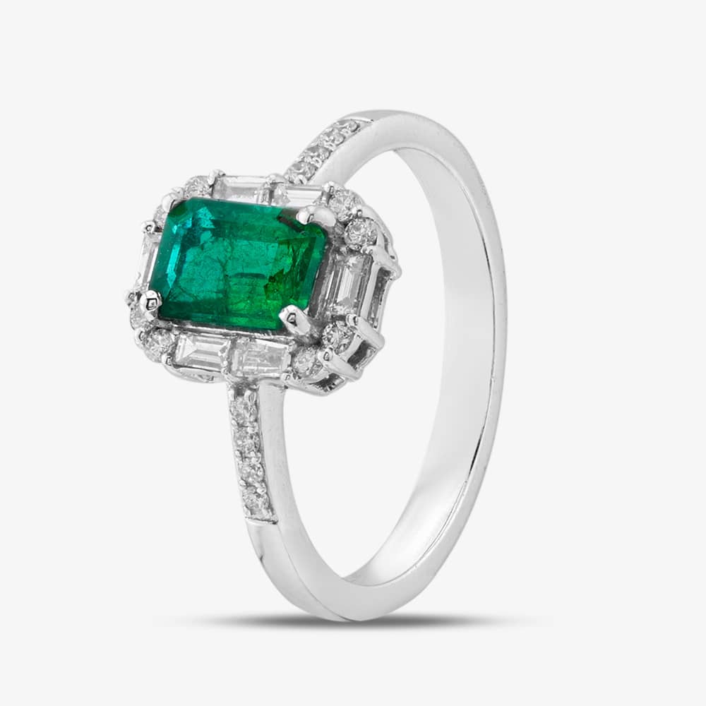 Product photograph of Pre-owned 18ct White Gold Emerald Cut Emerald Amp Diamond Cluster Ring 43371033 from The Jewel Hut