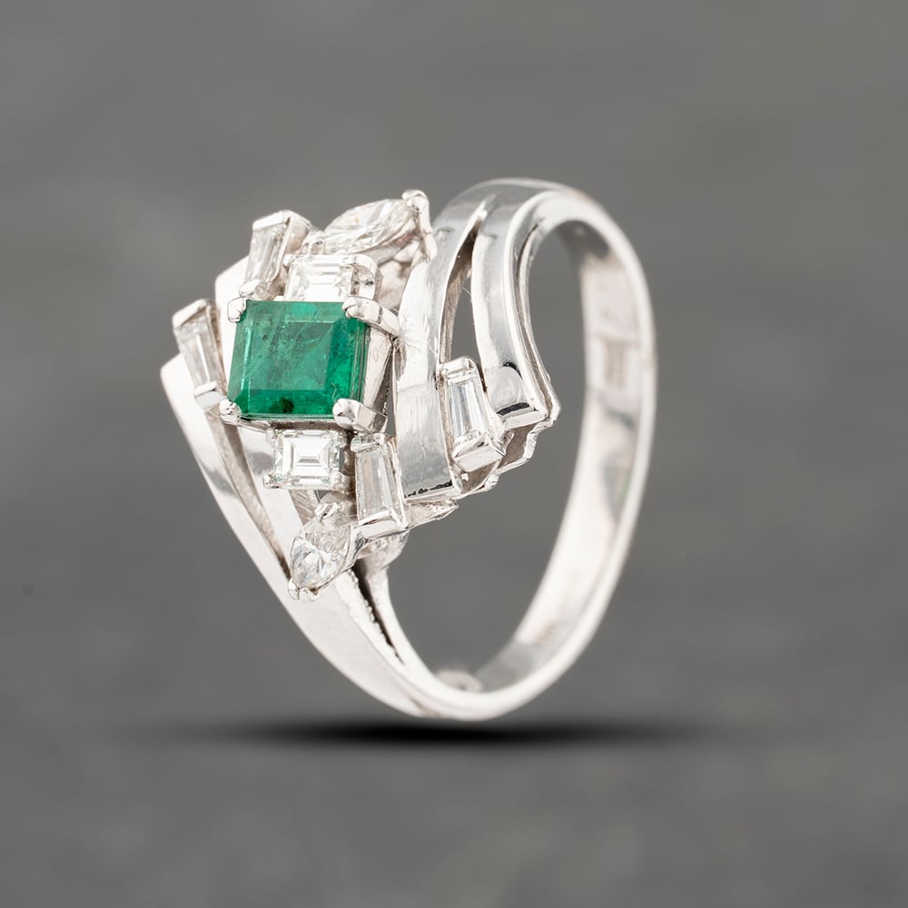 Click to view product details and reviews for Pre Owned Platinum 048ct Emerald And 049ct Diamond Cluster Ring 43371059.
