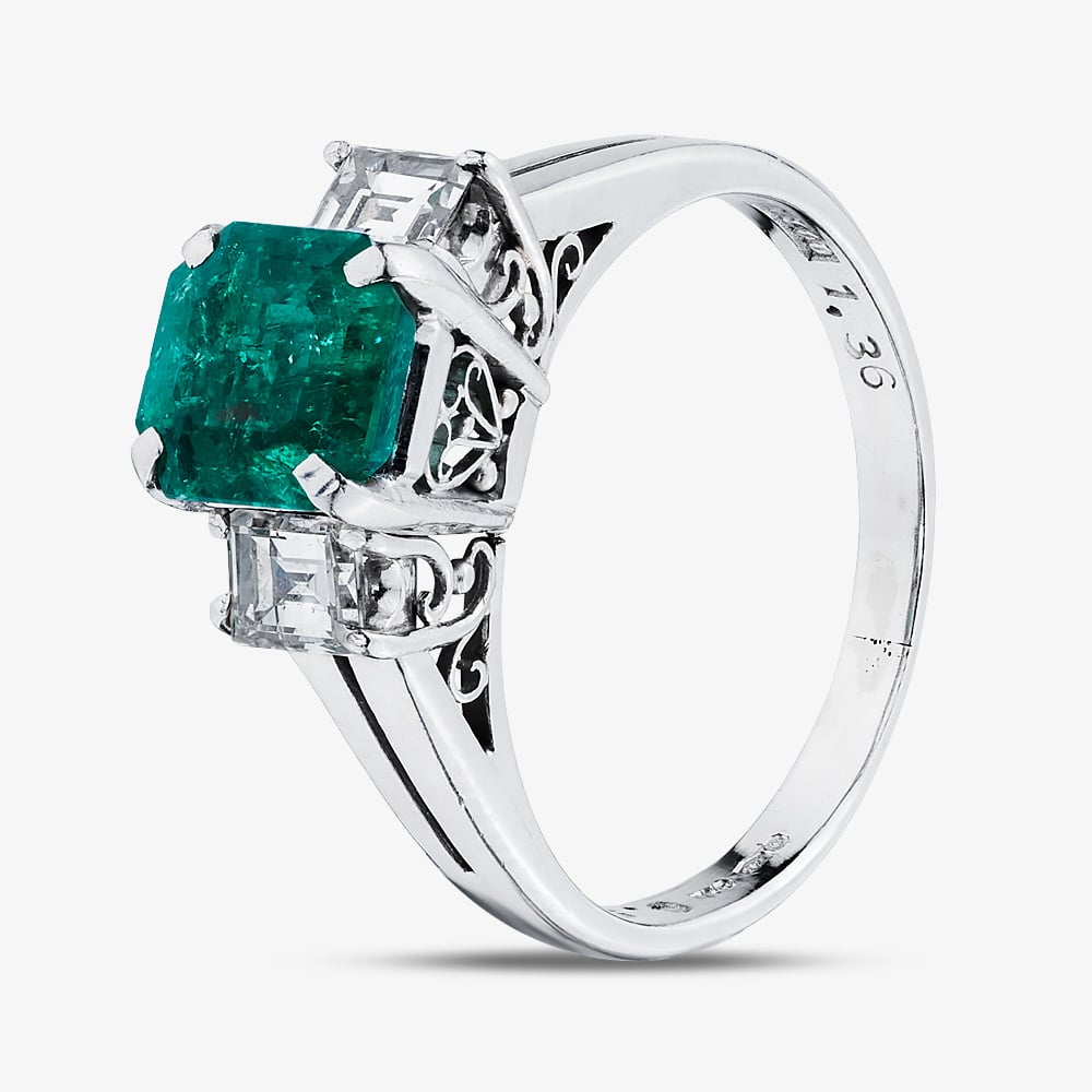 Click to view product details and reviews for Pre Owned Platinum 136ct Emerald And 050ct Emerald Cut Diamond Three Stone Ring 43371075.