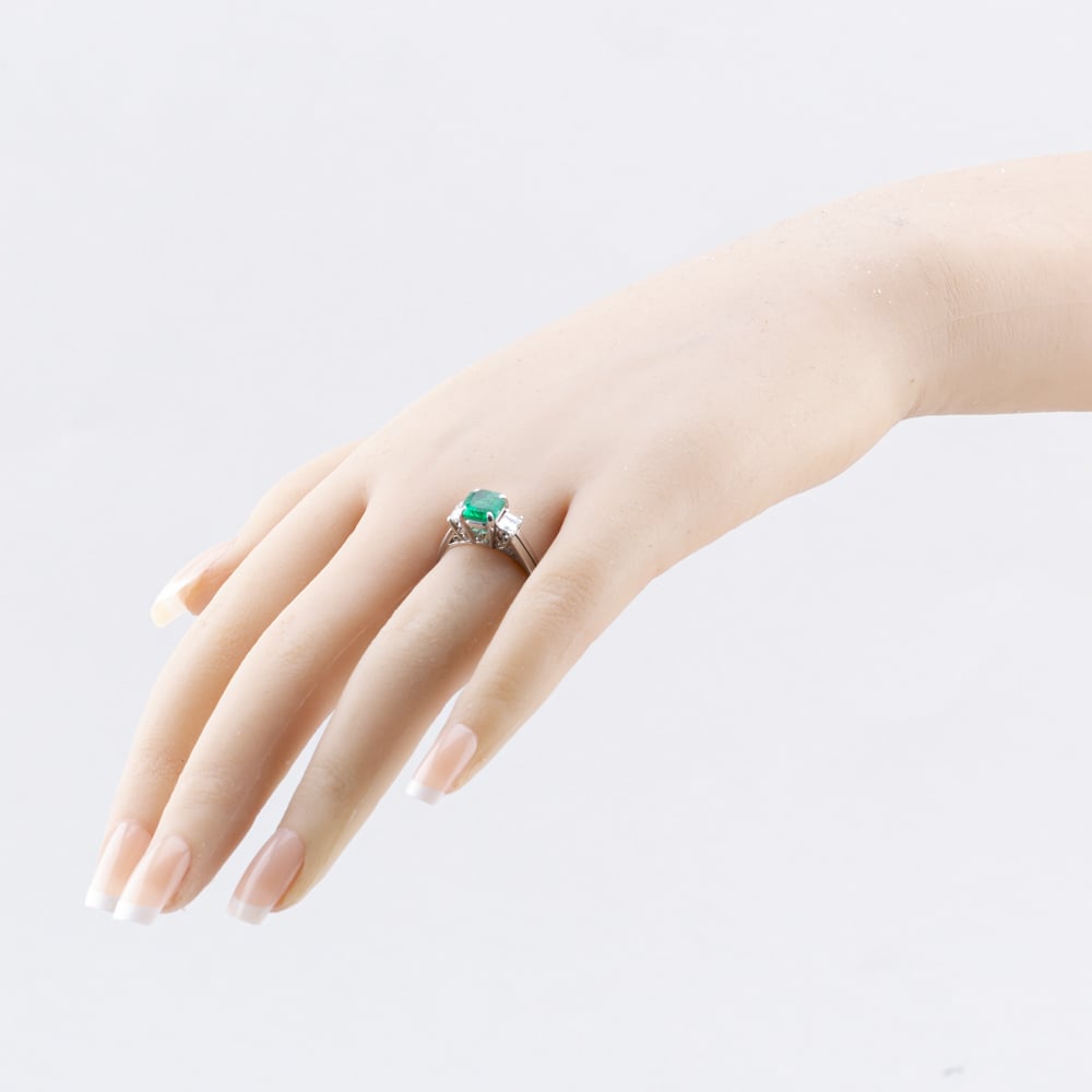 Pre-Owned Platinum 1.36ct Emerald & 0.50ct Emerald Cut Diamond Three Stone Ring 43371075