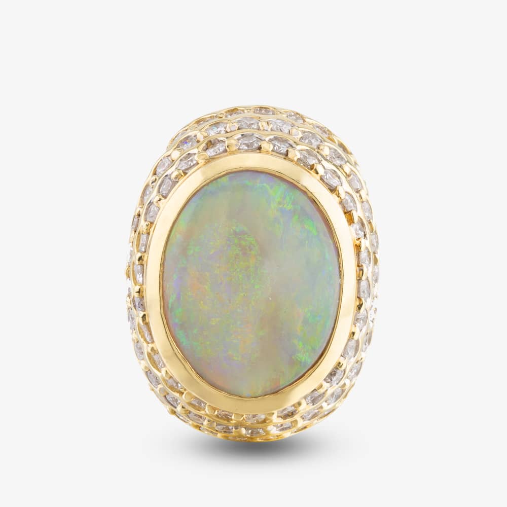 Pre-Owned 14ct Yellow Gold 6.25ct Opal & 2.15ct Brilliant Cut Diamond Large Oval Cluster Ring 4338034