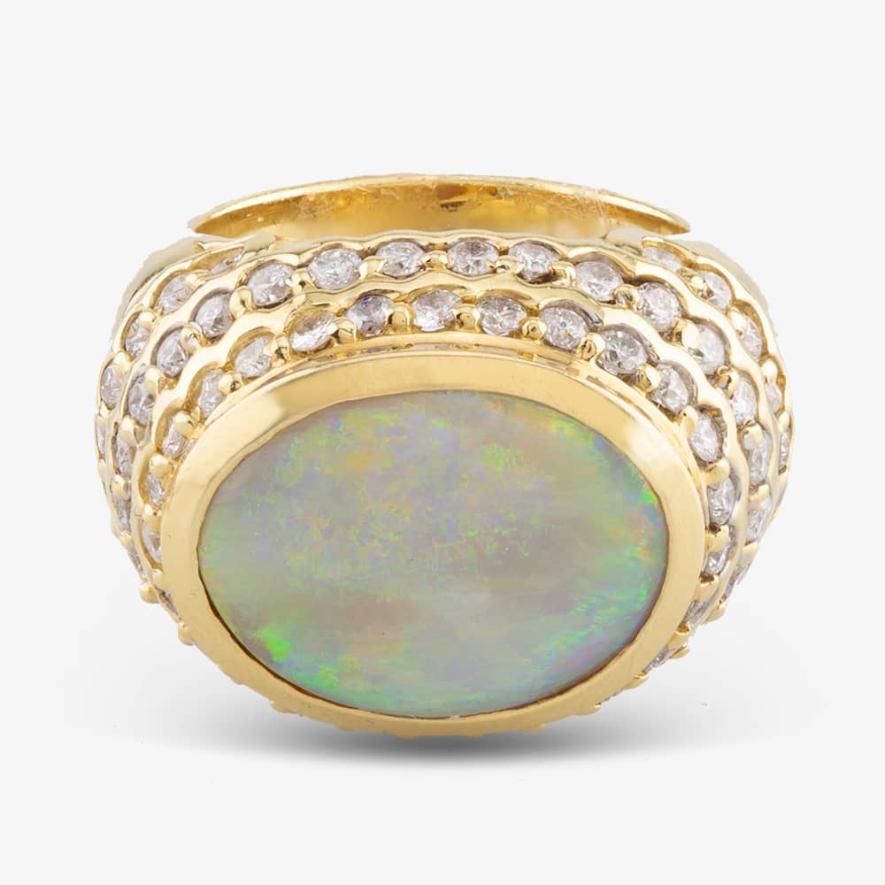 Pre-Owned 14ct Yellow Gold 6.25ct Opal & 2.15ct Brilliant Cut Diamond Large Oval Cluster Ring 4338034
