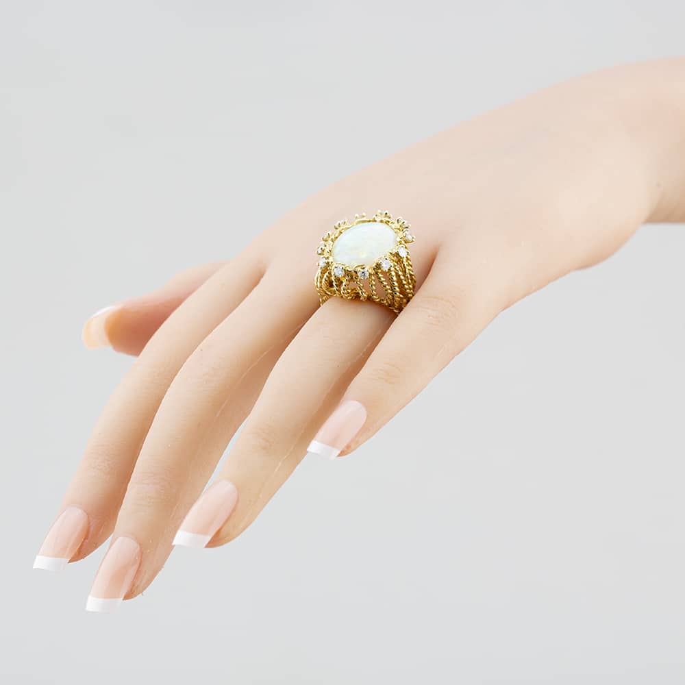 Pre-Owned 9ct Yellow Gold Oval Opal & Brilliant Cut Diamond Cluster Ring 43381008