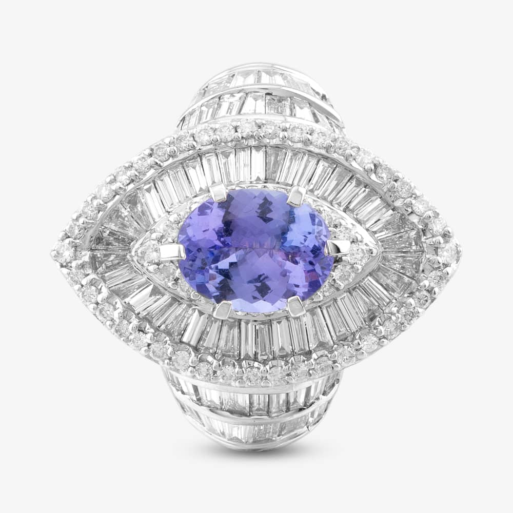 Pre-Owned 14ct White Gold Oval Cut Tanzanite & Diamond Marquise Cluster Ring 43411000