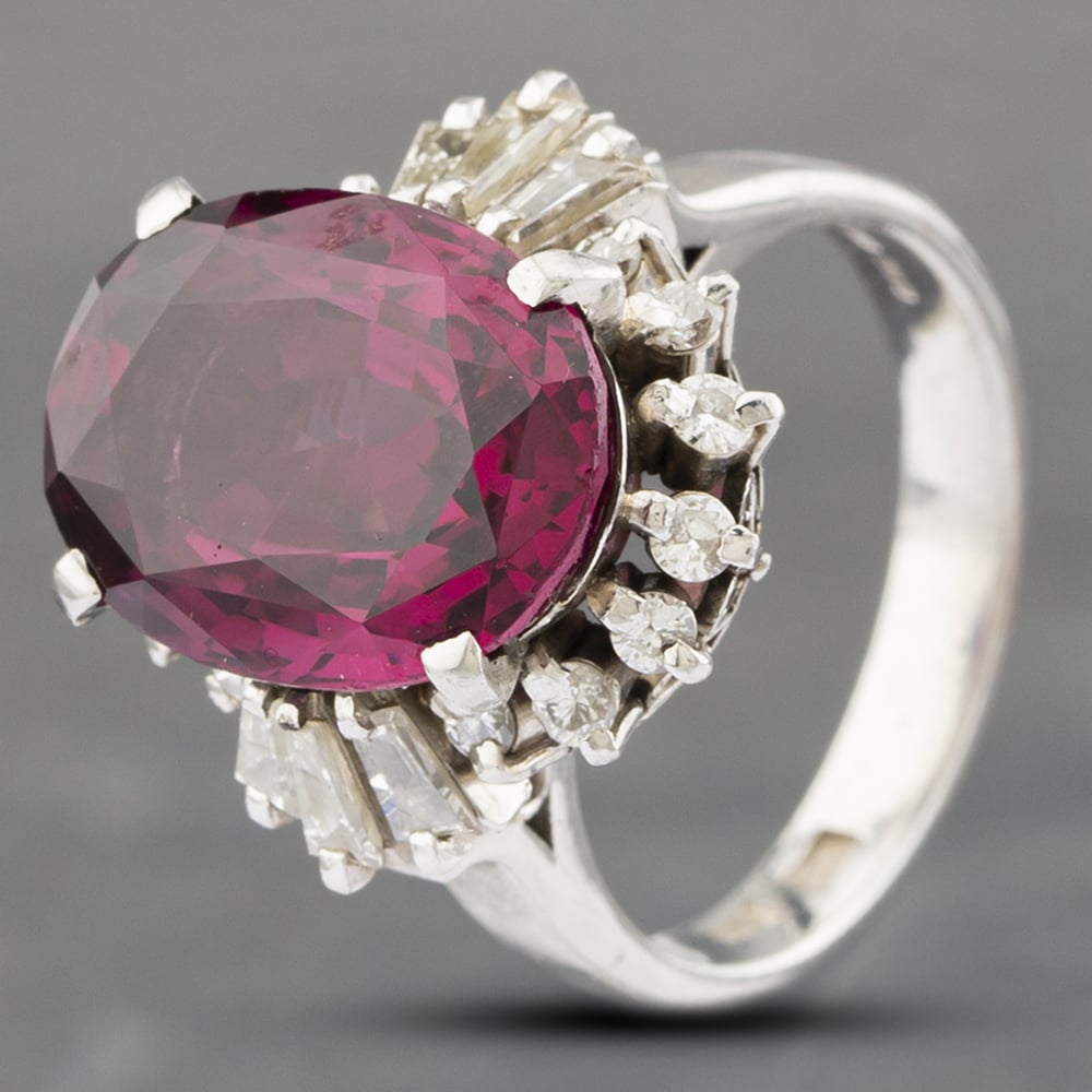Product photograph of Pre-owned Platinum Certificated 8 00ct Rhodalite Garnet Amp 0 92ct Diamond Oval Cluster Ring 43471003 from The Jewel Hut