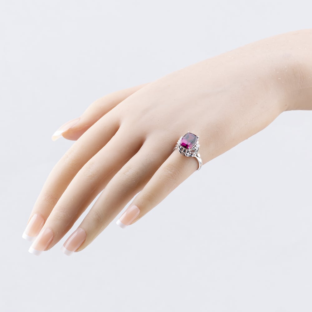 Pre-Owned Platinum 5.30ct Rhodolite Garnet & 0.10ct Brilliant Cut Diamond Cushion Shape Dress Ring 43471006