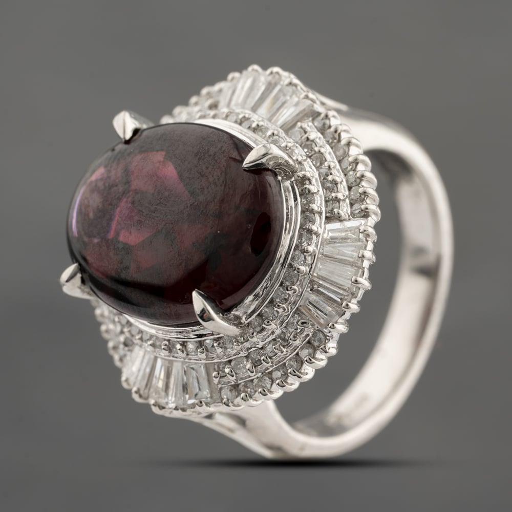 Click to view product details and reviews for Pre Owned Platinum 854ct Cabochon Cut Garnet And 113ct Diamond Cluster Ring 43471009.