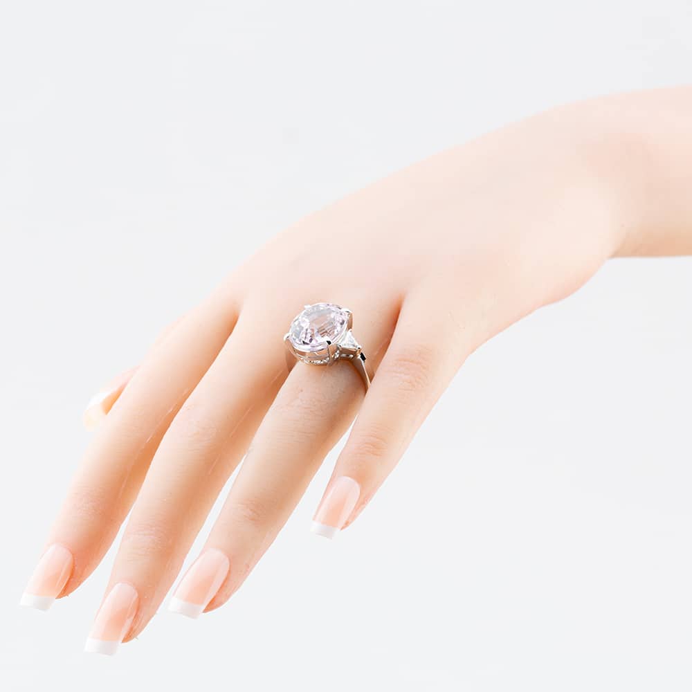 Pre-Owned Platinum 12.0ct Pink Oval Cut Kunzite & 0.37ct Trillion Cut Diamond Dress Ring 43501009