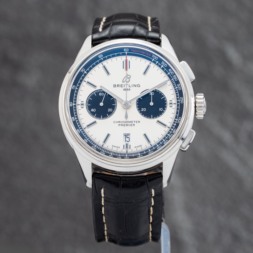 Pre-Owned Breitling Mens Premier B01 White Leather Strap Watch AB0118221G1P1