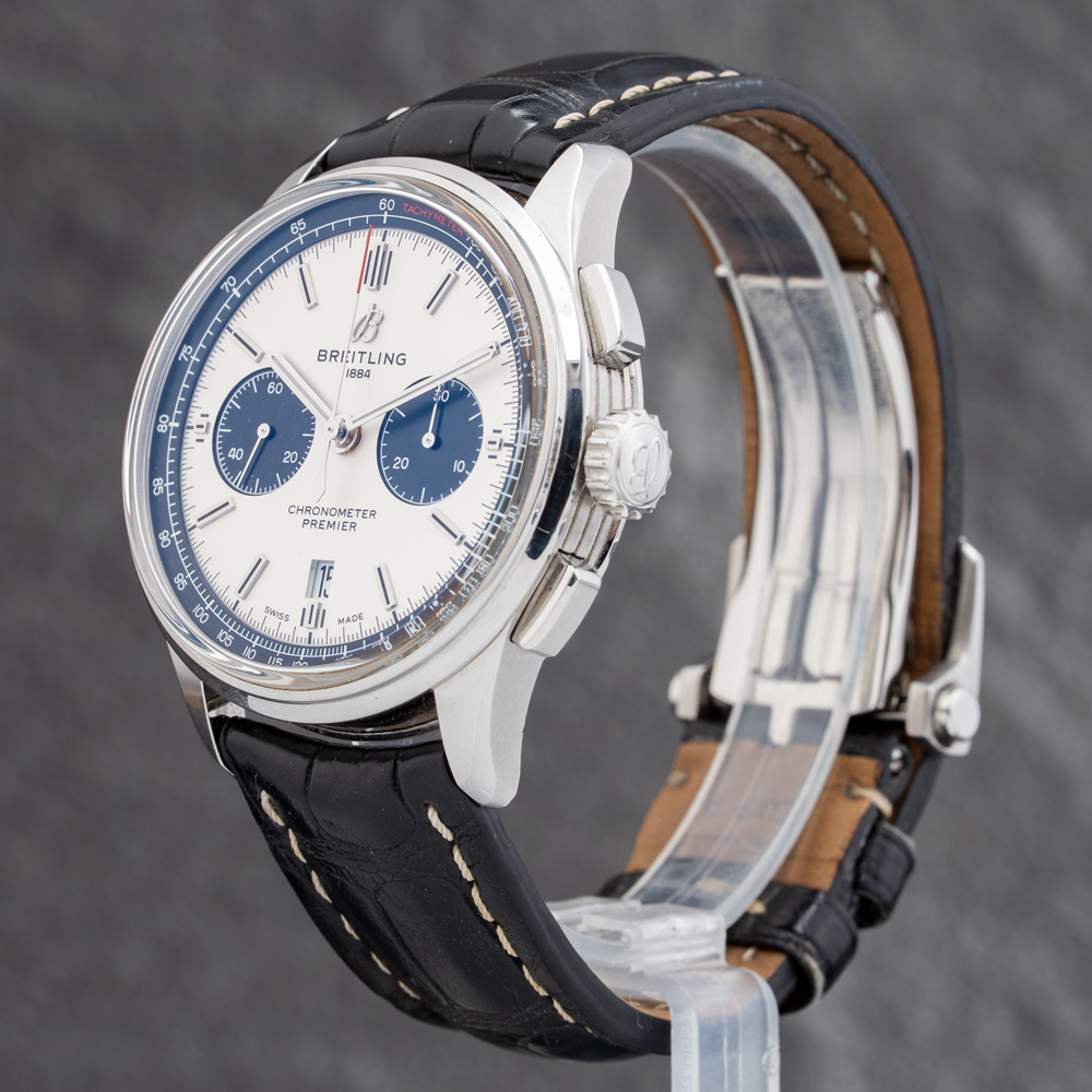 Pre-Owned Breitling Mens Premier B01 White Leather Strap Watch AB0118221G1P1