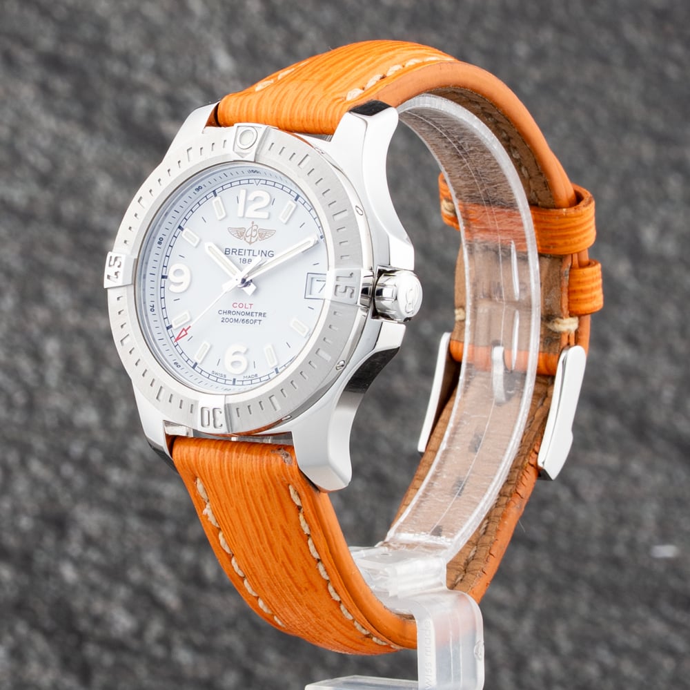 Pre-Owned Breitling Ladies Colt White Dial Orange Leather Strap Watch A74389