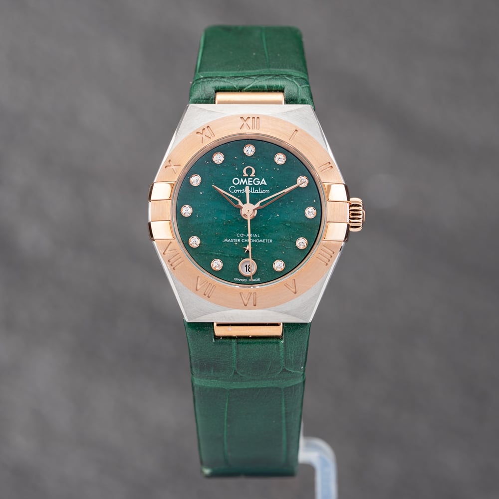 Pre-Owned OMEGA Ladies Constellation Diamond Green Leather Strap Watch 131.23.29.20.99.001