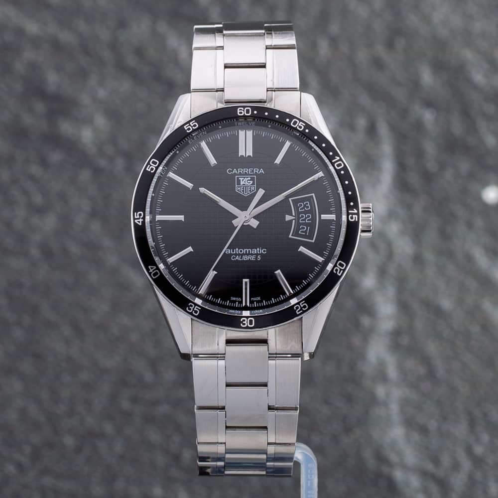 Pre-Owned TAG Heuer Mens Carrera Calibre 5 Black Dial Silver Bracelet Watch WV211M