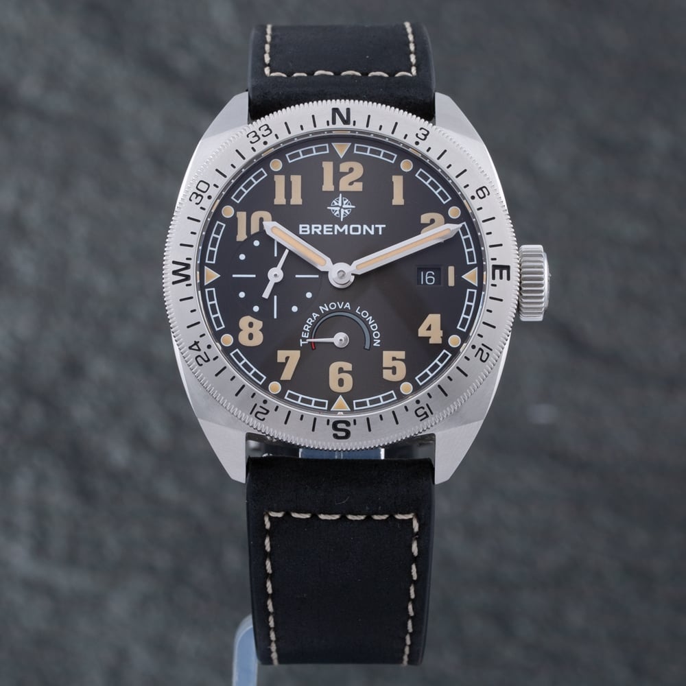 Pre-Owned Bremont Mens Terra Nova Turning Bezel Power Reserve Black Leather Strap Watch TN40-PWR-SS-BK-L-S